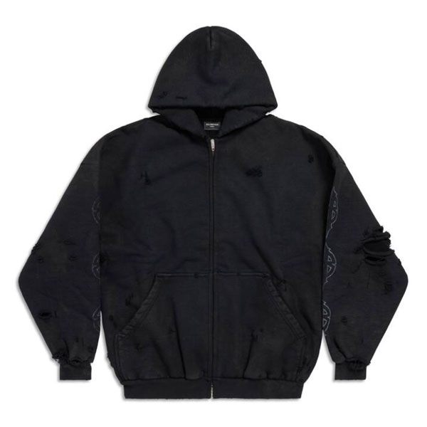 BALENCIAGA PARIS MOON OUTERWEAR ZIP-UP HOODIE OVERSIZED IN BLACK FADED - BH030