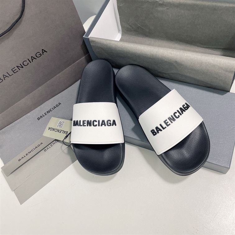 BALENCIAGA POOL SLIDES LOGO WHITE BLACK - E046