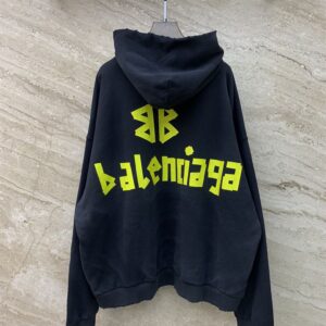 BALENCIAGA TAPE TYPE RIPPED POCKET HOODIE OVERSIZED IN BLACK FADED - BH014