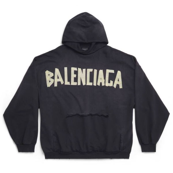 BALENCIAGA TAPE TYPE RIPPED POCKET HOODIE OVERSIZED IN BLACK FADED - BH014