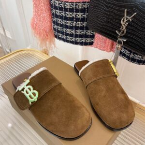 BURBERRY MONOGRAM DETAIL SHEARLING-LINED SUEDE MULES - U019