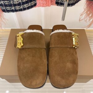 BURBERRY MONOGRAM DETAIL SHEARLING-LINED SUEDE MULES - U019