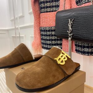 BURBERRY MONOGRAM DETAIL SHEARLING-LINED SUEDE MULES - U019