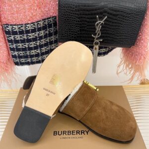 BURBERRY MONOGRAM DETAIL SHEARLING-LINED SUEDE MULES - U019