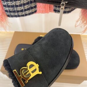 BURBERRY MONOGRAM DETAIL SHEARLING-LINED SUEDE MULES - U020