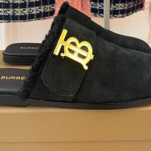 BURBERRY MONOGRAM DETAIL SHEARLING-LINED SUEDE MULES - U020