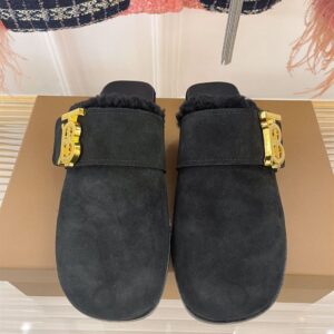 BURBERRY MONOGRAM DETAIL SHEARLING-LINED SUEDE MULES - U020