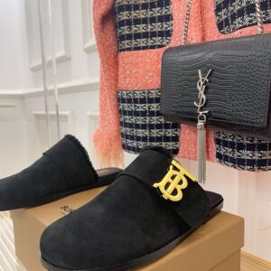 BURBERRY MONOGRAM DETAIL SHEARLING-LINED SUEDE MULES - U020