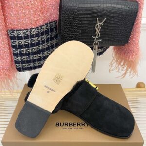 BURBERRY MONOGRAM DETAIL SHEARLING-LINED SUEDE MULES - U020