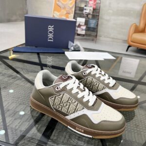 DIOR B27 LOW-TOP SNEAKER KHAKI AND BEIGE SMOOTH CALFSKIN - I066