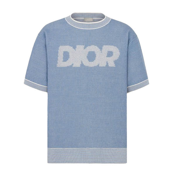 DIOR ITALIC T-SHIRT BLUE COTTON-BLEND TRAMATO KNIT - O039