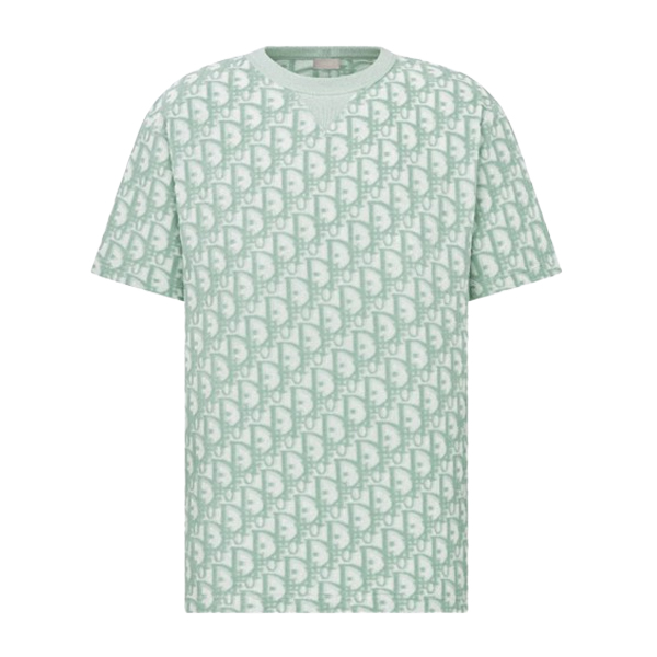 DIOR OBLIQUE RELAXED-FIT T-SHIRT GREEN AND WHITE TERRY COTTON JERSEY - O037