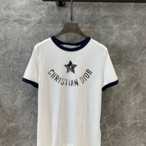 DIORIVIERA T-SHIRT ECRU AND NAVY BLUE COTTON JERSEY - O043